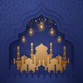 Ramadan kareem background with glowing hanging lantern and mosque. Greeting card background with 3D paper cut style