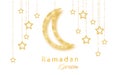 Ramadan Kareem background with gold handing shiny glitter glowing moon with stars on white background. Vector illustration Royalty Free Stock Photo