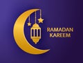 Ramadan Kareem background. Golden lantern, moon, crescent, stars papercut design elements. Eid Mubarak celebration card