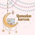 Ramadan kareem background with hand drawn doodle of islamic ornament, mosque, lantern, and garlands. Greeting card for islamic hol