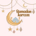 Ramadan kareem background with hand drawn doodle of islamic ornament, mosque, lantern, and garlands. Greeting card for islamic hol