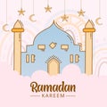 Ramadan kareem background with hand drawn doodle of islamic ornament, mosque, lantern, and garlands. Greeting card for islamic hol