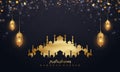 Ramadan kareem background with hanging golden lanterns, mosque and golden crescent moon. Islamic backgrounds for posters, banners Royalty Free Stock Photo