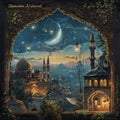 Ramadan kareem background, illustration with mosque and crescent moon. Ramadan, ramazan, kareem