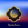 Ramadan kareem background image. color view blurry sky clean with golden frame, moon and mosque