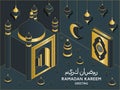 Ramadan Kareem background isometric. Islamic Arabic mosque, lanterns and Koran. Greeting card. Translation Ramadan