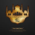 Ramadan kareem background with a luxurious golden texture. Ramadan kareem with Arabic calligraphy and modern mosque. Islamic black