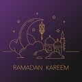 Ramadan Kareem background with moon, lantern, mosque in the clouds.