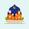 Ramadan Kareem Background With Moslem Family In Front Of Mosque Silhouette