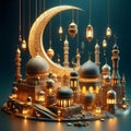 Ramadan Kareem background with mosque, crescent and lanterns