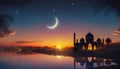 Ramadan Kareem background, mosque on fantasy clouds garden on sunrise. Generative AI