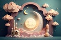 Ramadan Kareem background with mosque, moon and clouds. Generative AI Royalty Free Stock Photo