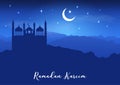 Ramadan Kareem background with mosque silhouettes against night sky