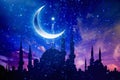 Ramadan Kareem background with mosque silhouettes, crescent and