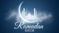 Ramadan Kareem background. Religion Holy Month. Caligraphy and lettering. Bright moon. Clouds. Temple with domes. Old Muslim city.