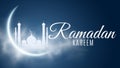 Ramadan Kareem background. Religion Holy Month. Caligraphy. Light moon. Clouds. Temple with domes. Old Muslim city. Cover, banner Royalty Free Stock Photo