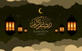 Ramadan Kareem Banner Background Design Illustration with doodles and clouds and lanterns Royalty Free Stock Photo