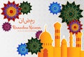 Ramadan Kareem banner with 3d metallic golden crescent moon, paper cut abstract arabesque flowers and Arabic handwritten Royalty Free Stock Photo