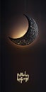 Ramadan Kareem Banner Design With 3D Render of Hanging Exquisite Crescent Moon On Black