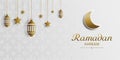 Ramadan kareem banner with golden crescent moon lantern and star, white background, elegant, ramadan kareem greetings design.