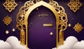 Ramadan Kareem banner with golden 3D Arabic window frame on a night sky background, featuring a beautiful Arabesque pattern. Royalty Free Stock Photo