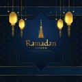 Ramadan Kareem Banner or Greeting Card with Gold Arabic Lanterns, Stars, and Golden Mosque Tower on Blue Paper Cut Background Royalty Free Stock Photo