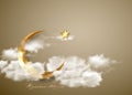 Ramadan Kareem 2021 banner,  sky with white clouds background vector design illustration. Gold crescent moon and shiny golden star Royalty Free Stock Photo