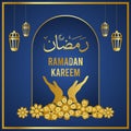 Ramadan 2020 1441 Kareem blu card islamic with hands and golden flowers