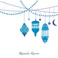 Ramadan Kareem blue elegant lamps, crescent and stars Traditional lantern of Ramadan greeting card Royalty Free Stock Photo