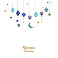 Ramadan Kareem blue and gold with hanging lamps, crescents and stars Royalty Free Stock Photo