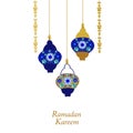 Ramadan Kareem blue and gold with hanging lamps, crescents and stars. Traditional lantern of Ramadan greeting card Royalty Free Stock Photo