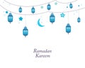 Ramadan Kareem with blue lamps, crescents and stars. Traditional black lantern of Ramadan background