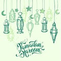 Ramadan Kareem calligraphy lettering. Arabic lamps, sketch hanging lanterns. Hand drawing card, poster, background for