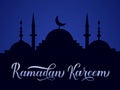 Ramadan Kareem calligraphy lettering and silhouette of mosque against night sky. Muslim holy month concept. Vector Royalty Free Stock Photo