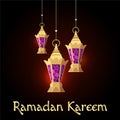 Ramadan Kareem card with hanging Arabic lamps