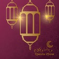 Ramadan kareem card with lanterns hanging and moon