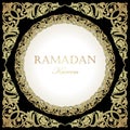 Ramadan Kareem card. Vintage banner for Ramadan wishing. Arabic decoration, oriental motifss. Gold ornaments in Eastern style.