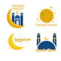 Ramadan Kareem cartoon badges collection. Mosque and moon vector illustration.