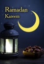 Ramadan Kareem celebration with lanterns and Dried date palm fruits ramazan food