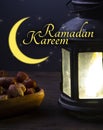 Ramadan Kareem celebration with lanterns and Dried date palm fruits ramazan food Royalty Free Stock Photo