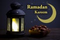 Ramadan Kareem celebration with lanterns and Dried date palm fruits ramazan food