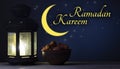 Ramadan Kareem celebration with lanterns and Dried date palm fruits ramazan food