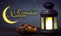 Ramadan Kareem celebration with lanterns and Dried date palm fruits ramazan food Royalty Free Stock Photo