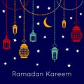 Ramadan Kareem celebration vector background with arabic lanterns. Islamic festival concept