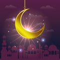 Ramadan kareem cityscape with golden moon hanging Royalty Free Stock Photo