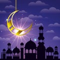 Ramadan kareem cityscape with golden moon hanging Royalty Free Stock Photo