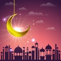 Ramadan kareem cityscape with golden moon hanging Royalty Free Stock Photo