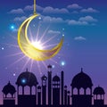 Ramadan kareem cityscape with golden moon hanging Royalty Free Stock Photo