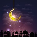 Ramadan kareem cityscape with golden moon hanging Royalty Free Stock Photo