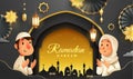 Ramadan Kareem classic black Islamic festival background with Muslim prayer at Mosque window and decorations